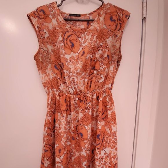 Orange Floral Elastic Waist Dress - Picture 1 of 5